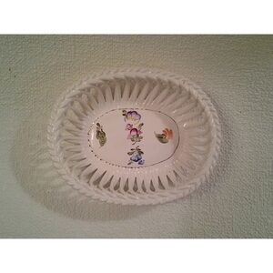 Herend White and Floral Oval Basketweave Soap Dish Trinket Dish